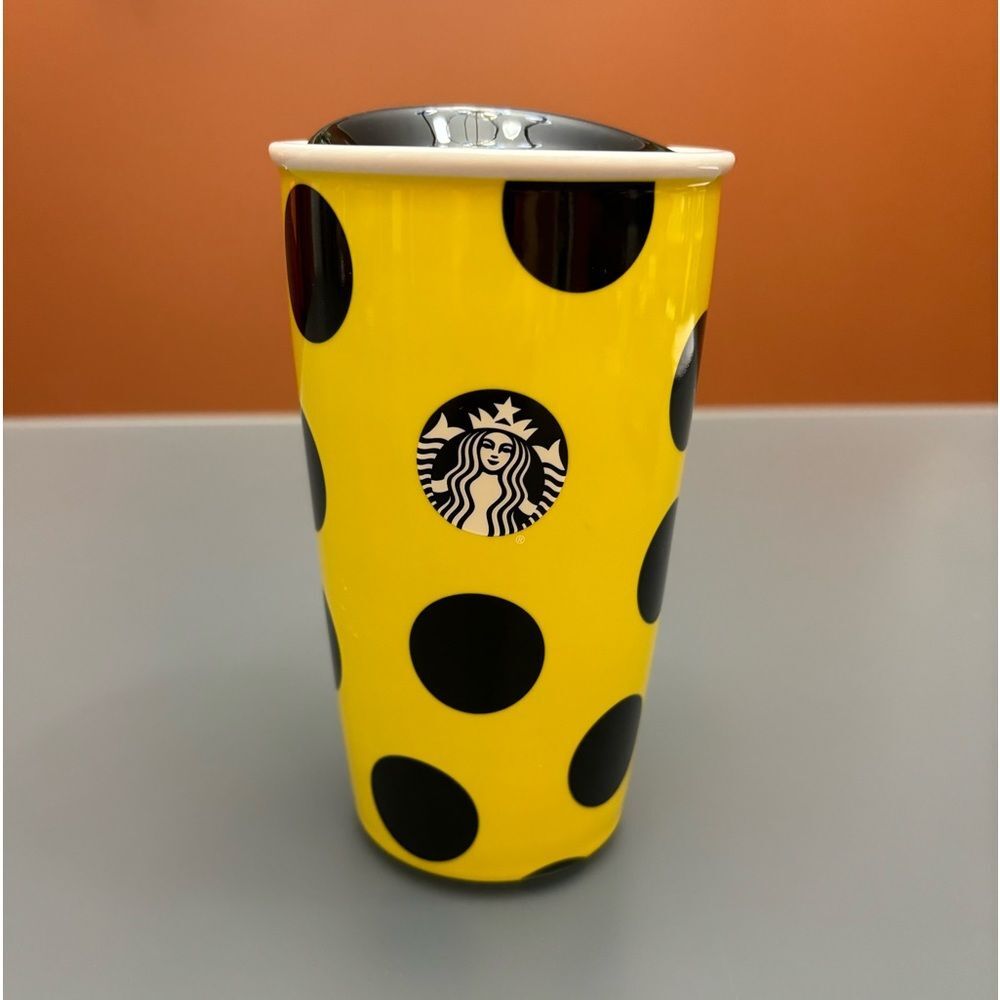 Starbucks Tumbler 2015 Yellow Black Polka dots 12oz. Ceramic Travel Cup w/lid
